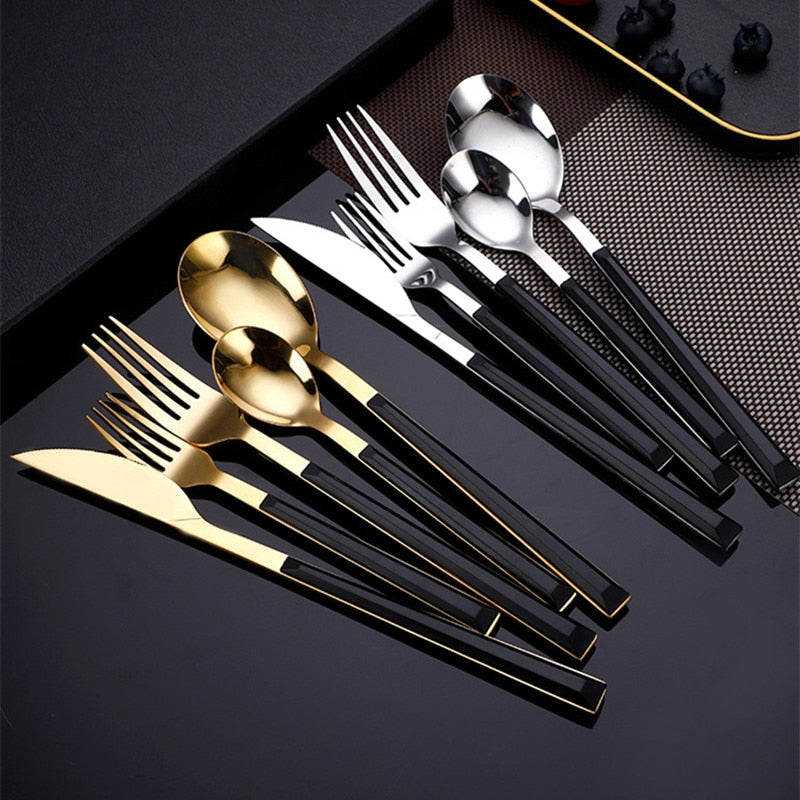 Stainless Steel Cutlery Set Western Portable Spoon Fork Knife Teaspoon Marble Handle Dinnerware Tableware Kitchen Utensils - Amazhona 