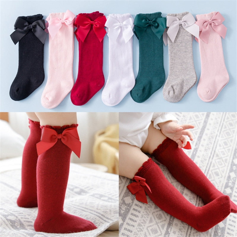 Autumn and Winter Baby Socks Knee High Cotton Spanish Style Big Bow Floor Socks Kids Socks For Boys Girls 0-3 years - Amazhona 