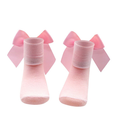 1 Pair Baby Girls Socks New Toddlers Girl Big Bow Anti-slip Socks Soft Kids Socks Bowknot 100% Cotton 0-2 Years Newborn Socks - Amazhona 