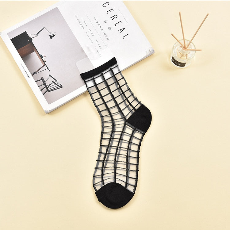 Sexy Lace Mesh Transparent Women Socks Summer Fashion Crystal Silk Tide Socks Lady Black White Fishnet Socks Quality Cool Sox - Amazhona 