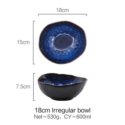 JAGENCN European Porcelain Blue Glaze Dish Bowl Creative Dishes Set Noodle Bowl Irregular Fruit Salad Bowl Irregular Tableware - Amazhona 