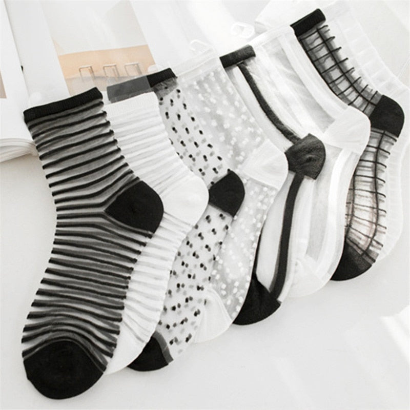 Sexy Lace Mesh Transparent Women Socks Summer Fashion Crystal Silk Tide Socks Lady Black White Fishnet Socks Quality Cool Sox - Amazhona 