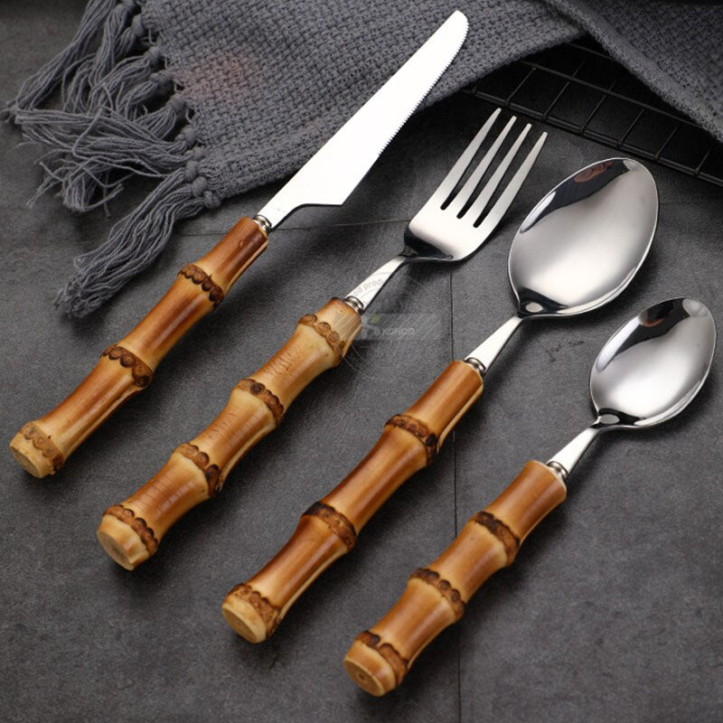 Bamboo Cutlery Set 1pc/4pcs Stainless Steel Golden Tableware Knife Fork Spoon Flatware Dishwasher Safe Silverware Dinnerware Set - Amazhona 