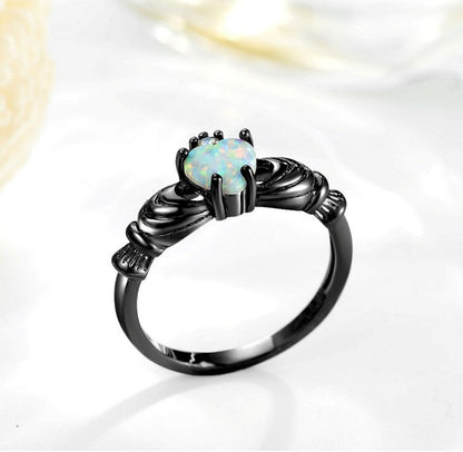 Heart Opal Crown Gun Black Ring - Amazhona 