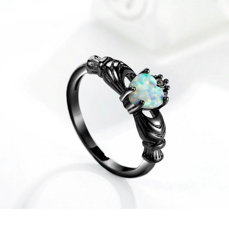 Heart Opal Crown Gun Black Ring - Amazhona 