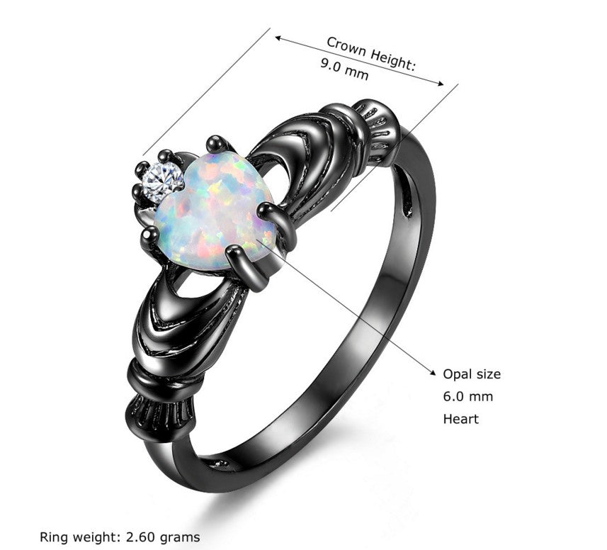 Heart Opal Crown Gun Black Ring - Amazhona 