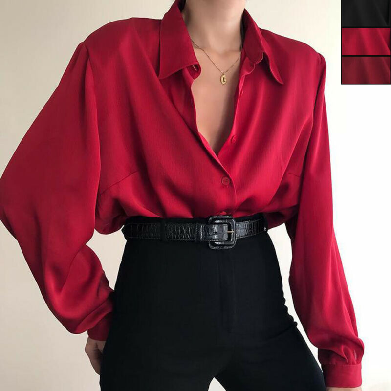 blusas de mujer Women Button Blouses Turn Down Collar Shirts Office Lady Long Sleeve Casual Blouse Loose OL Shirt Baggy Tops Red/Wine Red /Black - Amazhona 