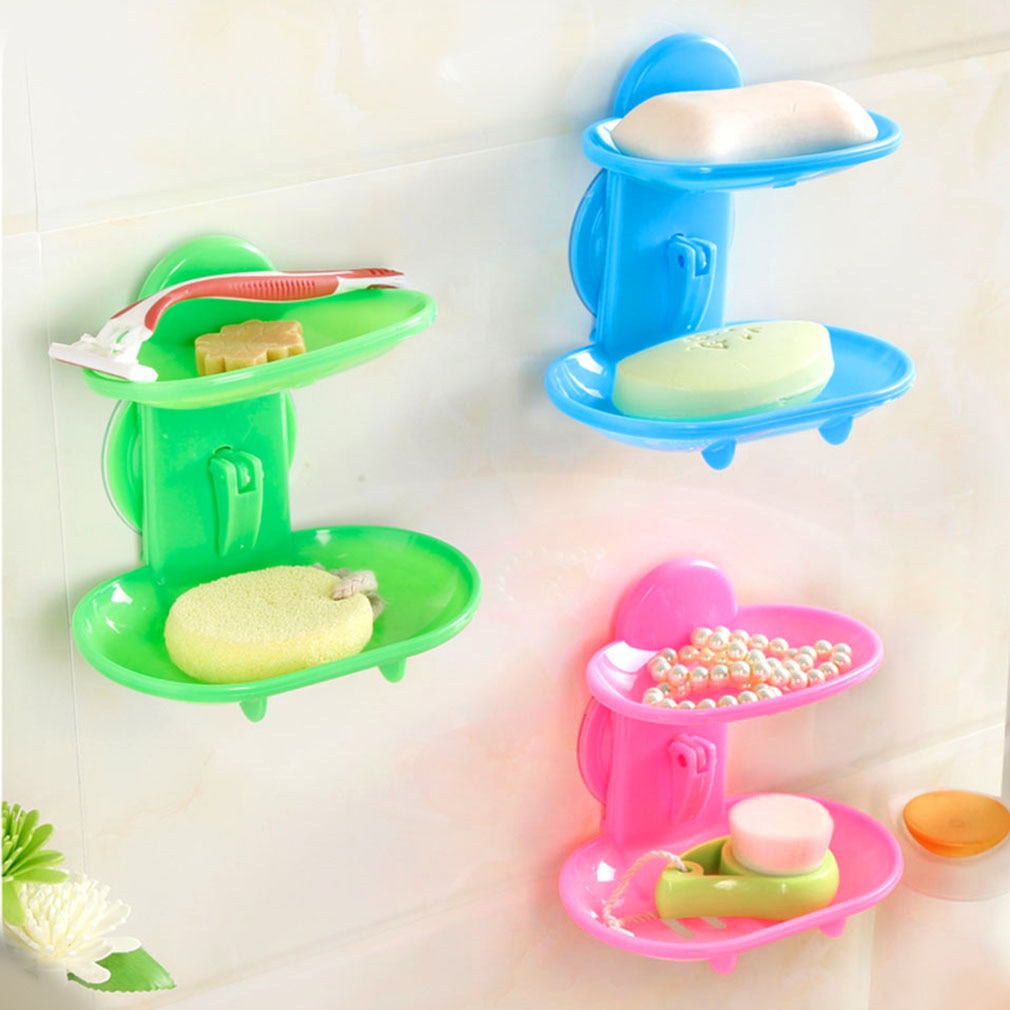 High Quality Fashionable Double Layers Home Bathroom Soap Dishes Holder Rack Strong Suction Cup Type Soap Basket Tray Organizer - Amazhona 