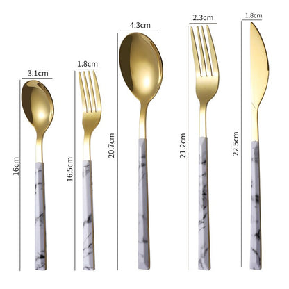 Stainless Steel Cutlery Set Western Portable Spoon Fork Knife Teaspoon Marble Handle Dinnerware Tableware Kitchen Utensils - Amazhona 