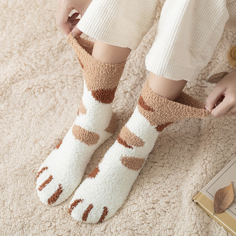 Winter Socks Women Thick Coral fleece Warm Socks Animal Cat Paw Cute Socks Girls Soft Floor Socks - Amazhona 