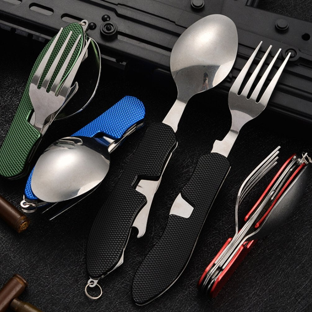 Portable Travel Cutlery Set Fold Stainless Steel Multi-Function Flatware Bottle Opener Tableware Picnic Camp Knife Fork Spoon - Amazhona 