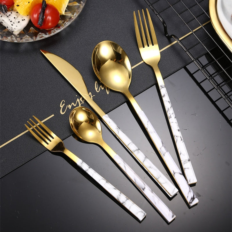 Stainless Steel Cutlery Set Western Portable Spoon Fork Knife Teaspoon Marble Handle Dinnerware Tableware Kitchen Utensils - Amazhona 