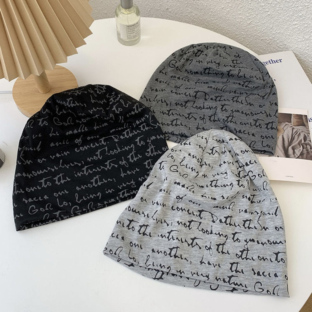 Hip Hop Skullies Beanies Letter Print Men's Goth Bonnet Hat Cap Thin Autumn Streetwear Women's Cotton Winter Nightcap Head Wrap - Amazhona 