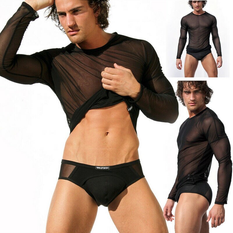 Hirigin Mens Undershirt Gay clothing Nylon Mesh Shirt See Through Sheer Long Sleeves T Shirts Sexy transparent shirt Underwear - Amazhona 