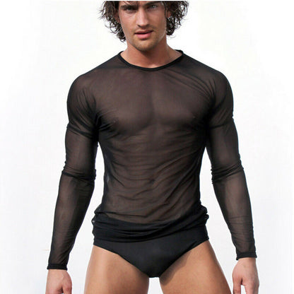 Hirigin Mens Undershirt Gay clothing Nylon Mesh Shirt See Through Sheer Long Sleeves T Shirts Sexy transparent shirt Underwear - Amazhona 