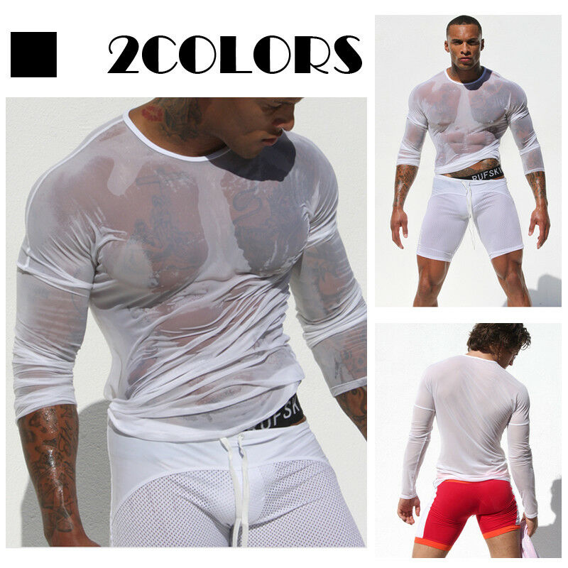 Hirigin Mens Undershirt Gay clothing Nylon Mesh Shirt See Through Sheer Long Sleeves T Shirts Sexy transparent shirt Underwear - Amazhona 