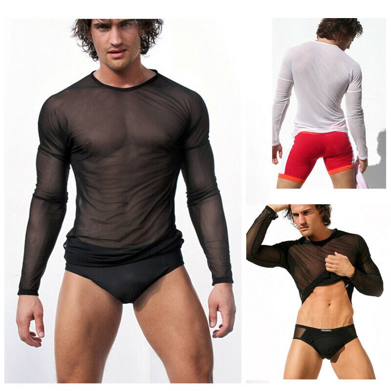 Hirigin Mens Undershirt Gay clothing Nylon Mesh Shirt See Through Sheer Long Sleeves T Shirts Sexy transparent shirt Underwear - Amazhona 