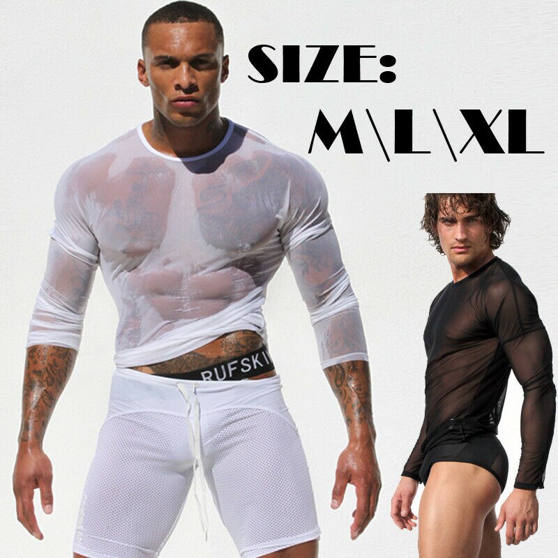 Hirigin Mens Undershirt Gay clothing Nylon Mesh Shirt See Through Sheer Long Sleeves T Shirts Sexy transparent shirt Underwear - Amazhona 