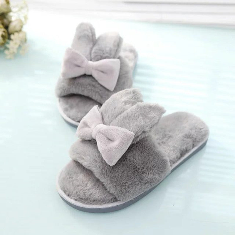 Home Furry Slippers Female Bow Rabbit Ears - Amazhona 