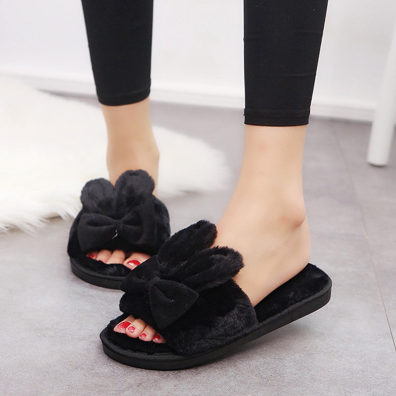 Home Furry Slippers Female Bow Rabbit Ears - Amazhona 