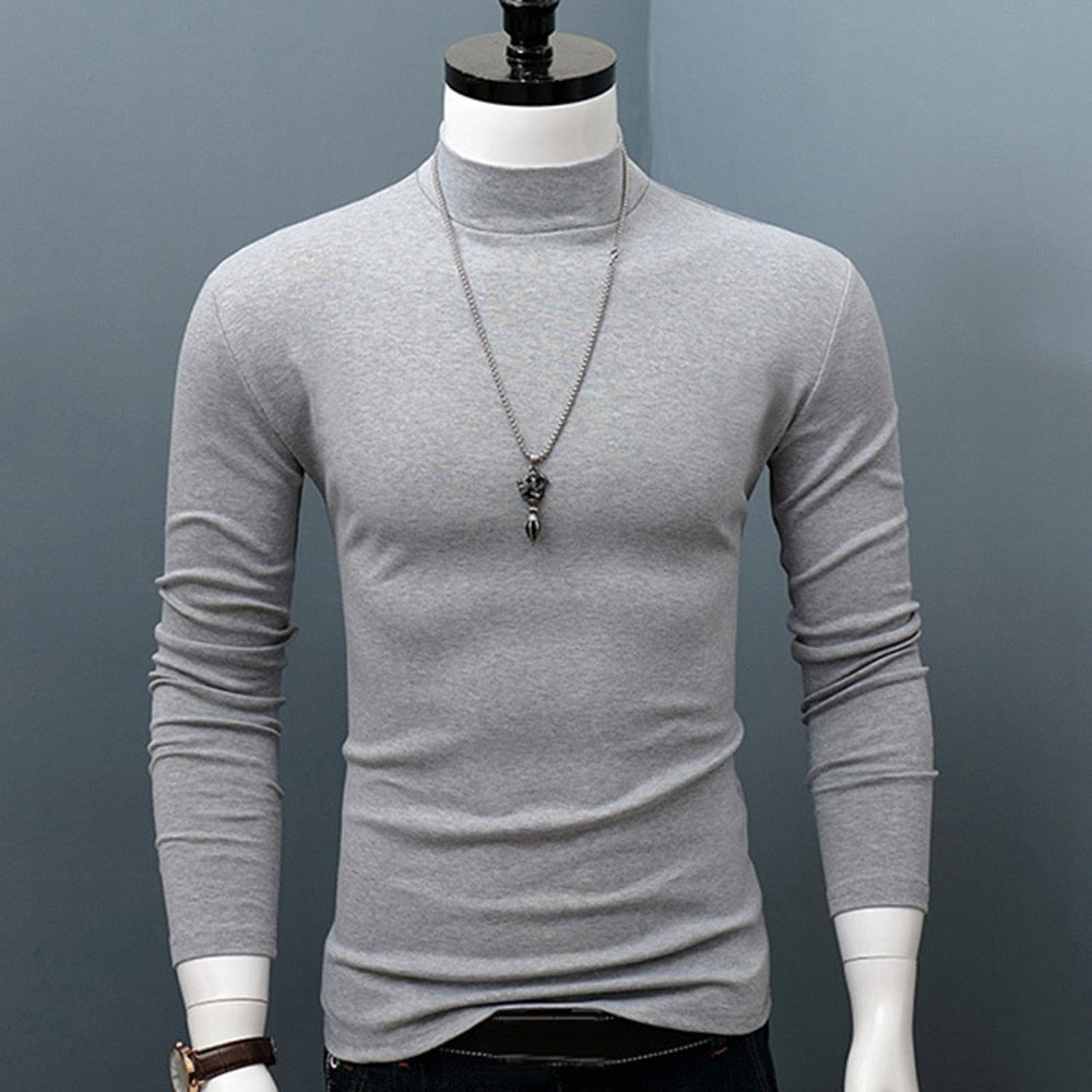 Hot Winter Warm Men Mock Neck Basic Plain T-shirt Blouse Pullover Long Sleeve Top Male Outwear Slim Fit Stretch Fashion Sweater - Amazhona 