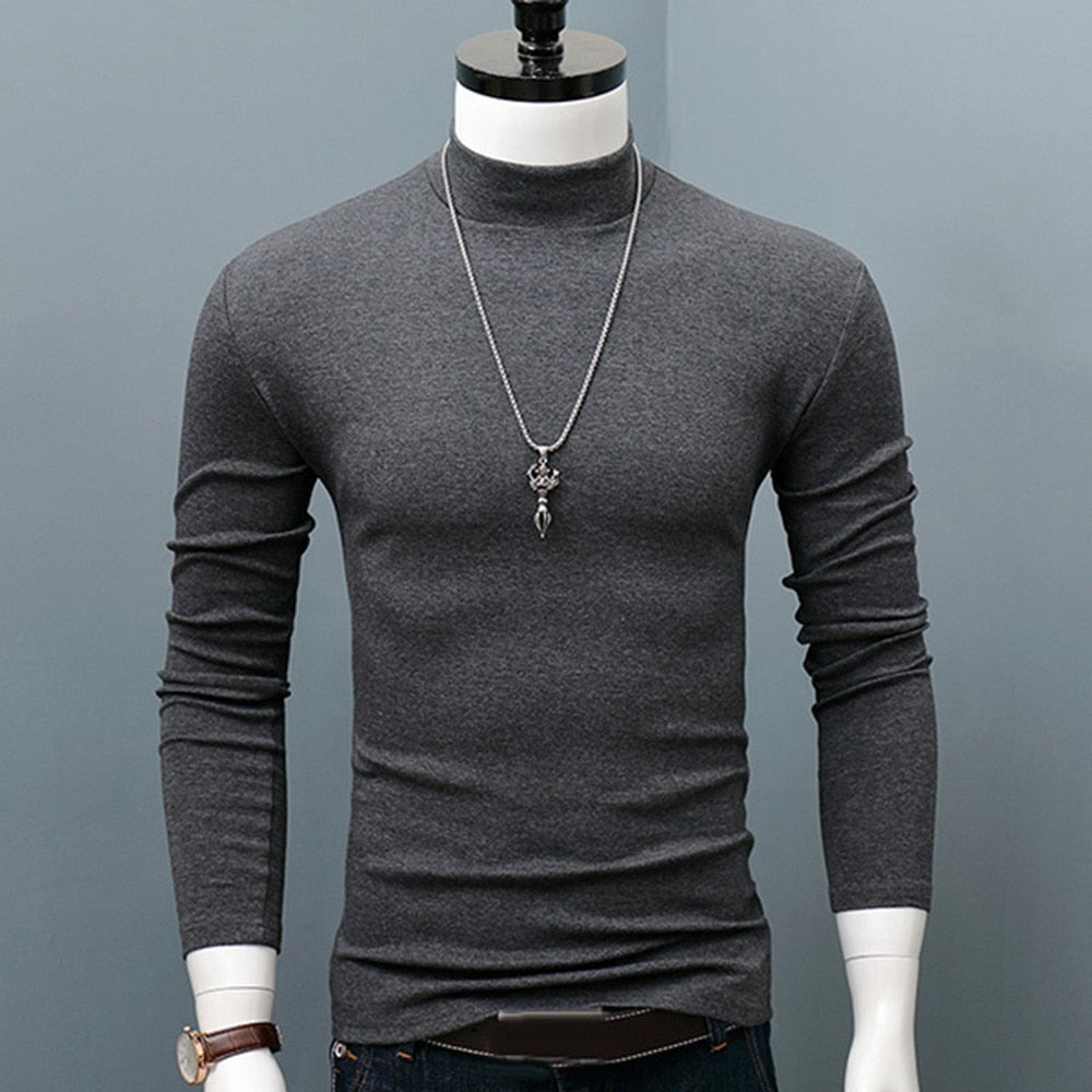 Hot Winter Warm Men Mock Neck Basic Plain T-shirt Blouse Pullover Long Sleeve Top Male Outwear Slim Fit Stretch Fashion Sweater - Amazhona 