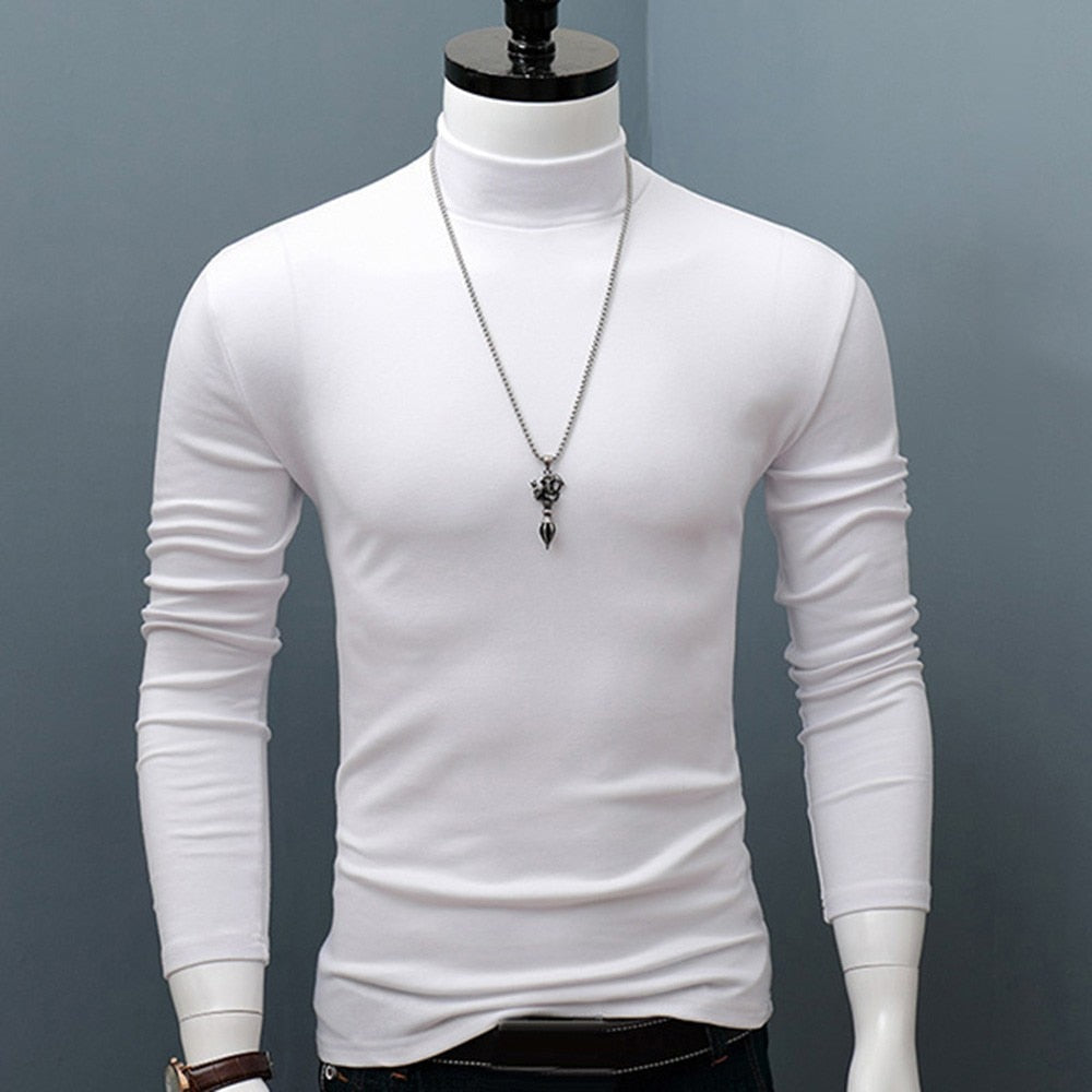 Hot Winter Warm Men Mock Neck Basic Plain T-shirt Blouse Pullover Long Sleeve Top Male Outwear Slim Fit Stretch Fashion Sweater - Amazhona 