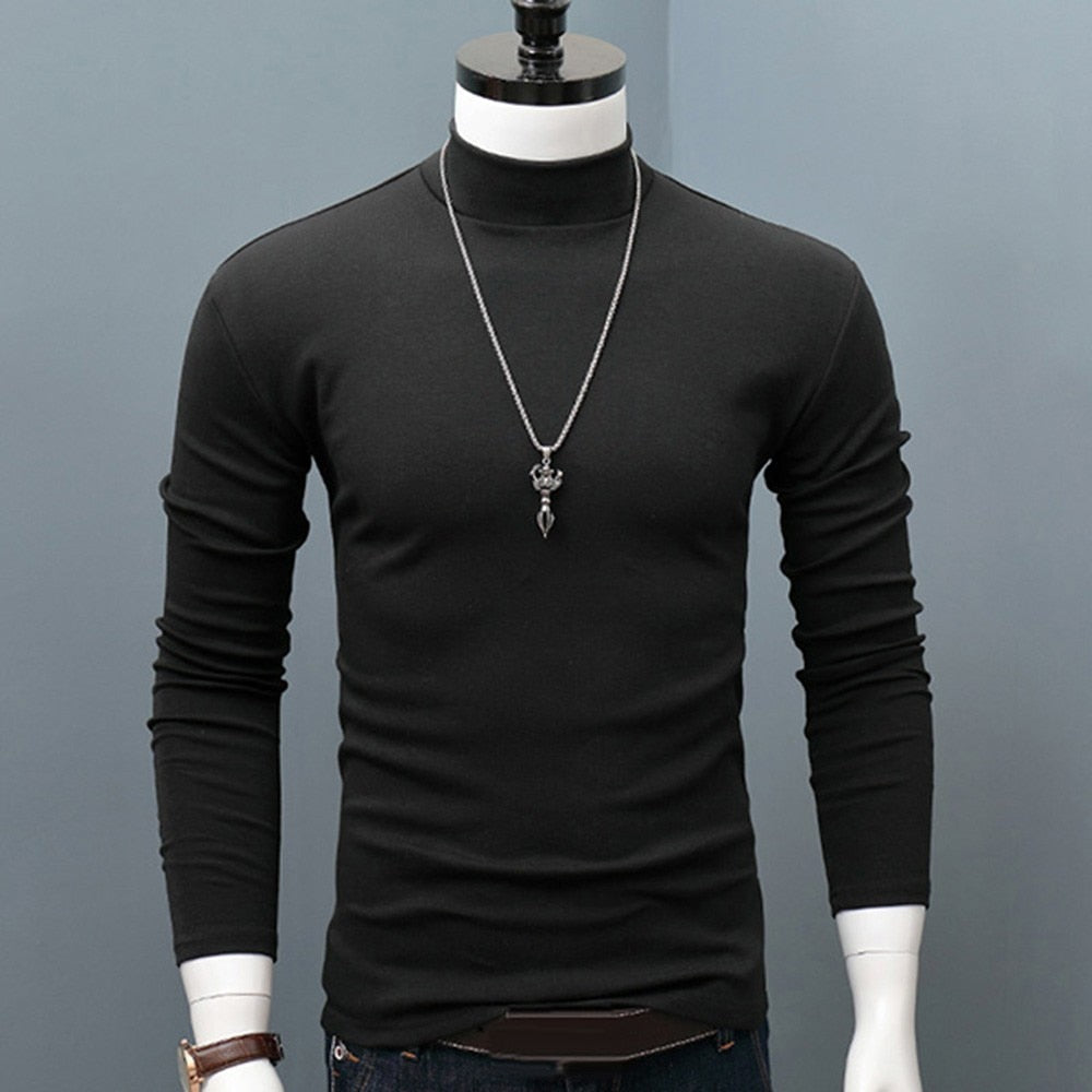 Hot Winter Warm Men Mock Neck Basic Plain T-shirt Blouse Pullover Long Sleeve Top Male Outwear Slim Fit Stretch Fashion Sweater - Amazhona 