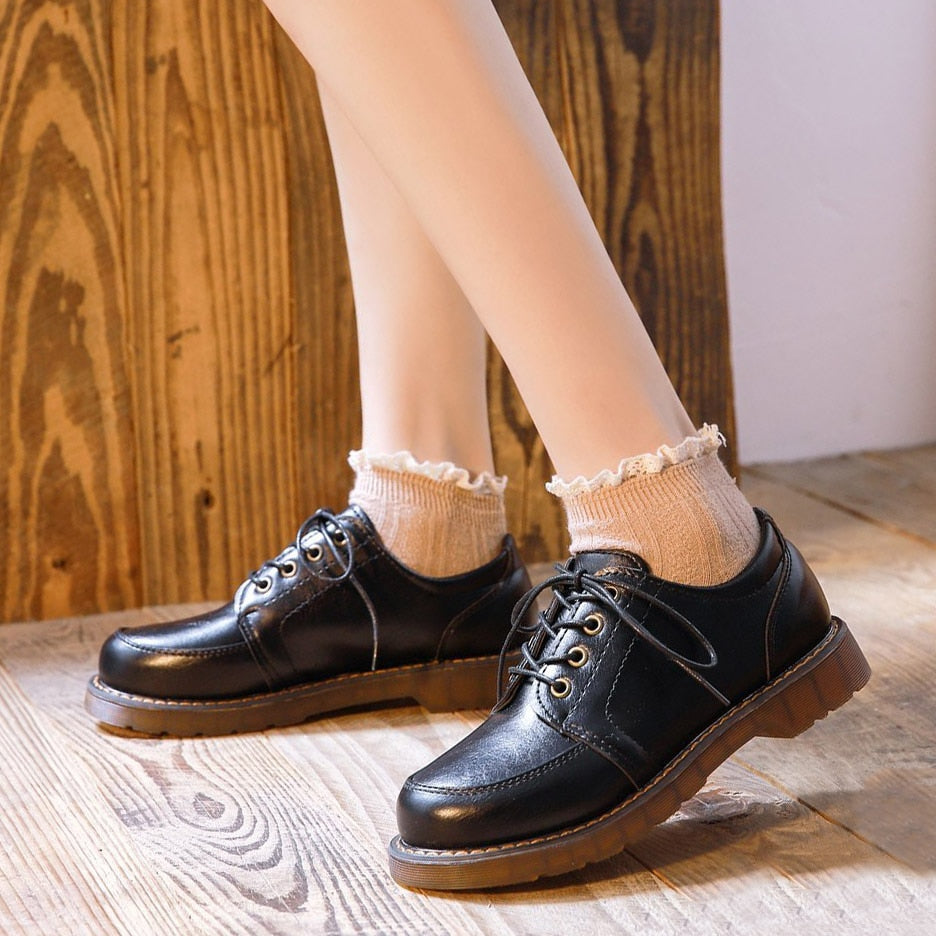 Hot  Women Oxfords Women's shoes Ladies PU Leather Solid Shoes Female Round Toe Sewing Comfortable Footwear Lolita Shoes 2022 - Amazhona 