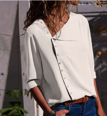 Irregular Oblique Collar Long-sleeved Blouse Shirt - Amazhona 