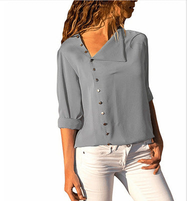 Irregular Oblique Collar Long-sleeved Blouse Shirt - Amazhona 