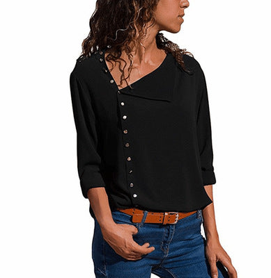 Irregular Oblique Collar Long-sleeved Blouse Shirt - Amazhona 