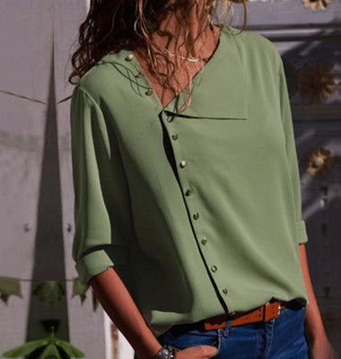 Irregular Oblique Collar Long-sleeved Blouse Shirt - Amazhona 