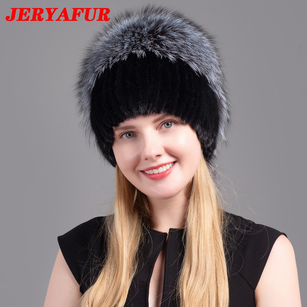 JERYAFUR Women's Fur Hats Fluffy Winter Warm Knitted Natural Mink Fur Hats Fashion Top Hats Women's Natural Fur Hats - Amazhona 