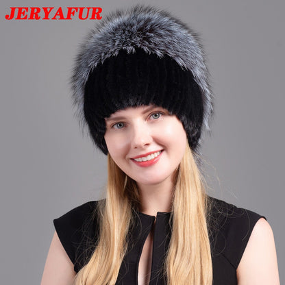 JERYAFUR Women's Fur Hats Fluffy Winter Warm Knitted Natural Mink Fur Hats Fashion Top Hats Women's Natural Fur Hats - Amazhona 