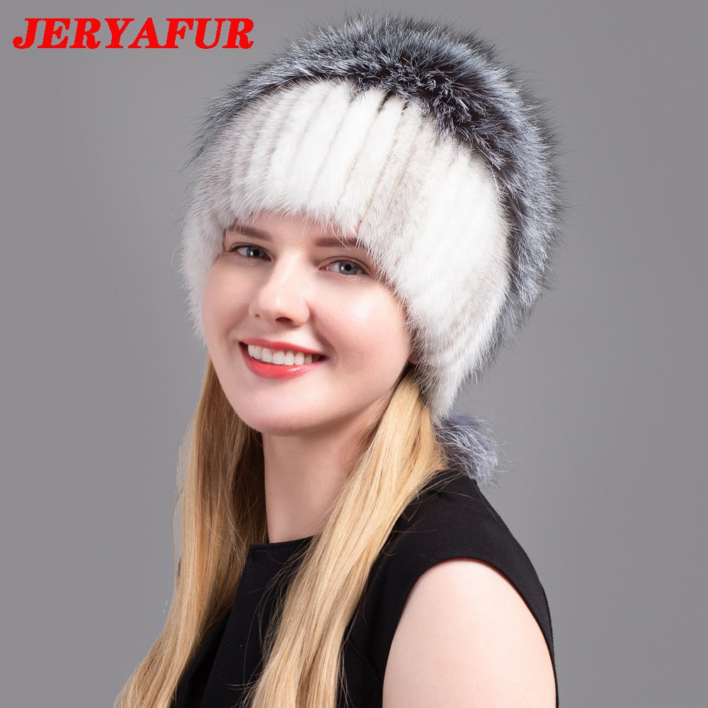 JERYAFUR Women's Fur Hats Fluffy Winter Warm Knitted Natural Mink Fur Hats Fashion Top Hats Women's Natural Fur Hats - Amazhona 