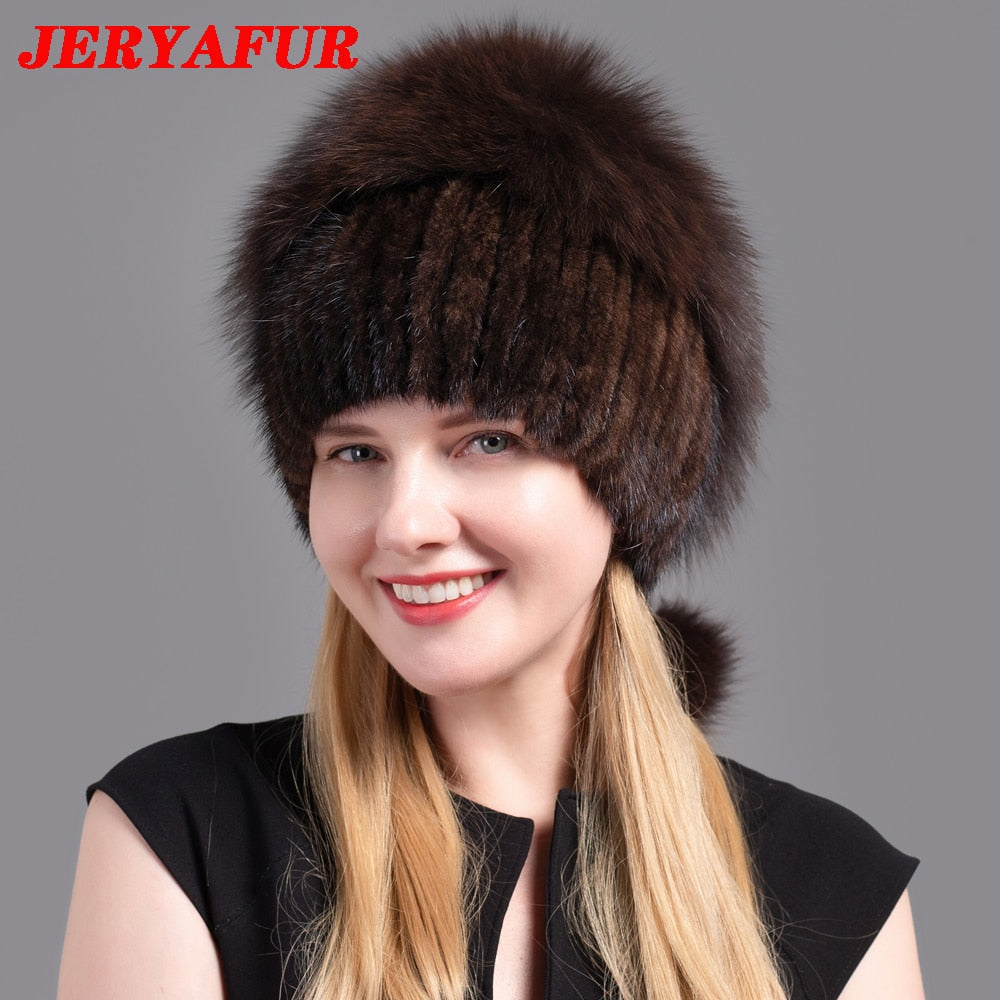 JERYAFUR Women's Fur Hats Fluffy Winter Warm Knitted Natural Mink Fur Hats Fashion Top Hats Women's Natural Fur Hats - Amazhona 