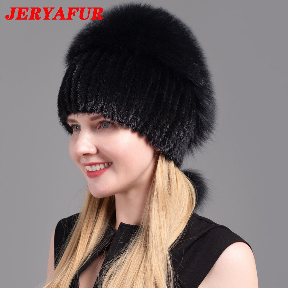 JERYAFUR Women's Fur Hats Fluffy Winter Warm Knitted Natural Mink Fur Hats Fashion Top Hats Women's Natural Fur Hats - Amazhona 