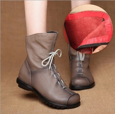 JIANBUDAN/ Genuine Leather Plush women's short Boots Retro Casual Autumn Winter Women's Boots Waterproof leather warm Snow boots - Amazhona 