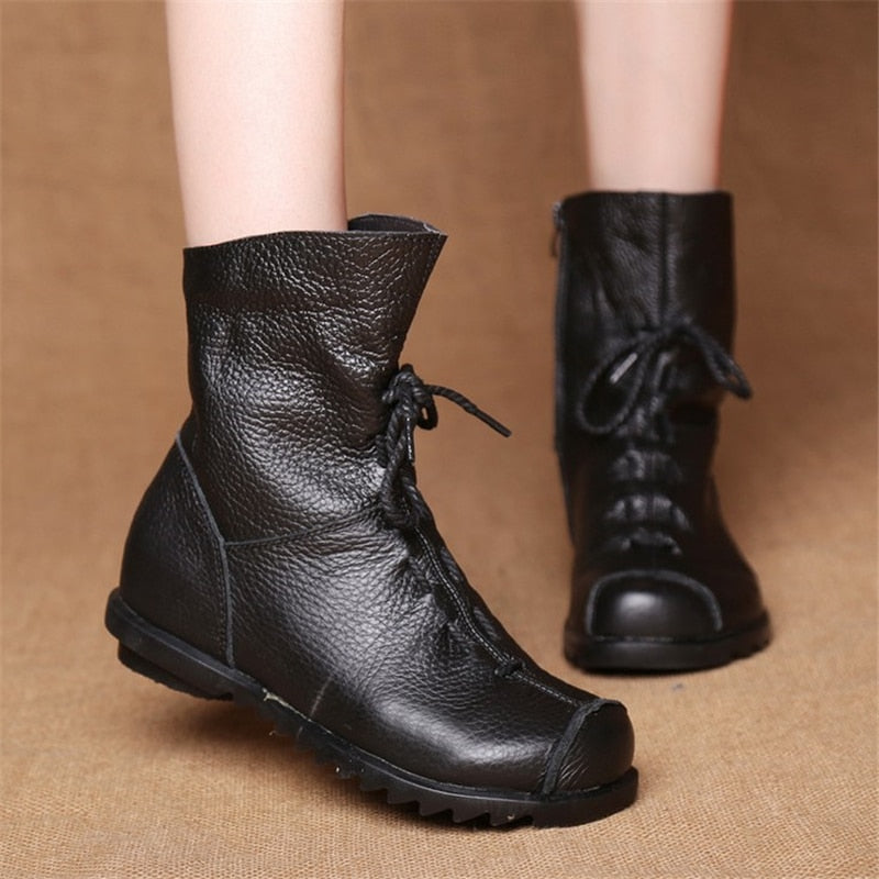 JIANBUDAN/ Genuine Leather Plush women's short Boots Retro Casual Autumn Winter Women's Boots Waterproof leather warm Snow boots - Amazhona 