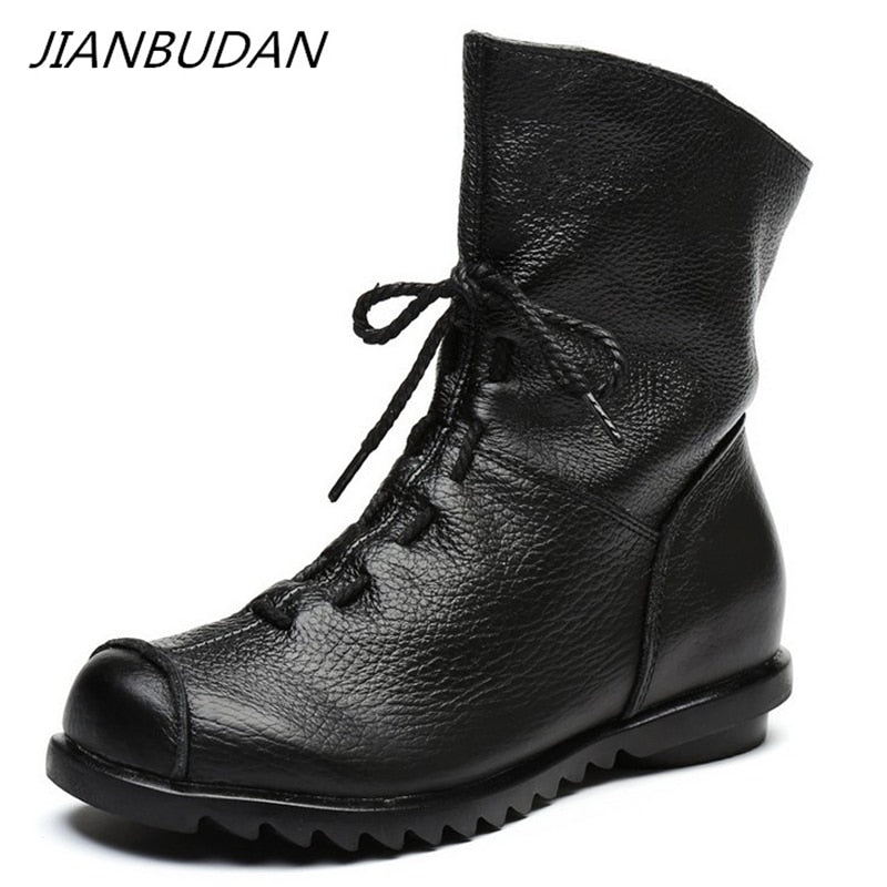 JIANBUDAN/ Genuine Leather Plush women's short Boots Retro Casual Autumn Winter Women's Boots Waterproof leather warm Snow boots - Amazhona 