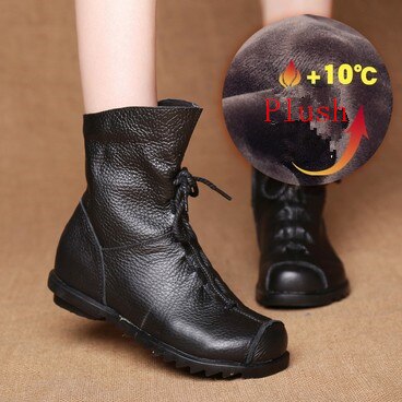 JIANBUDAN/ Genuine Leather Plush women's short Boots Retro Casual Autumn Winter Women's Boots Waterproof leather warm Snow boots - Amazhona 