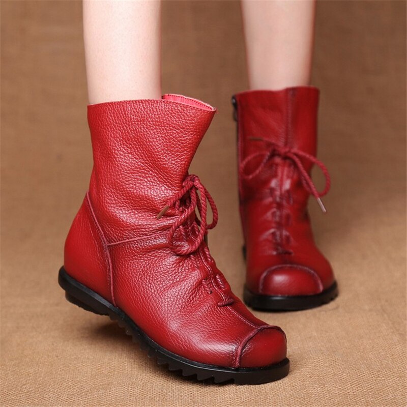 JIANBUDAN/ Genuine Leather Plush women's short Boots Retro Casual Autumn Winter Women's Boots Waterproof leather warm Snow boots - Amazhona 