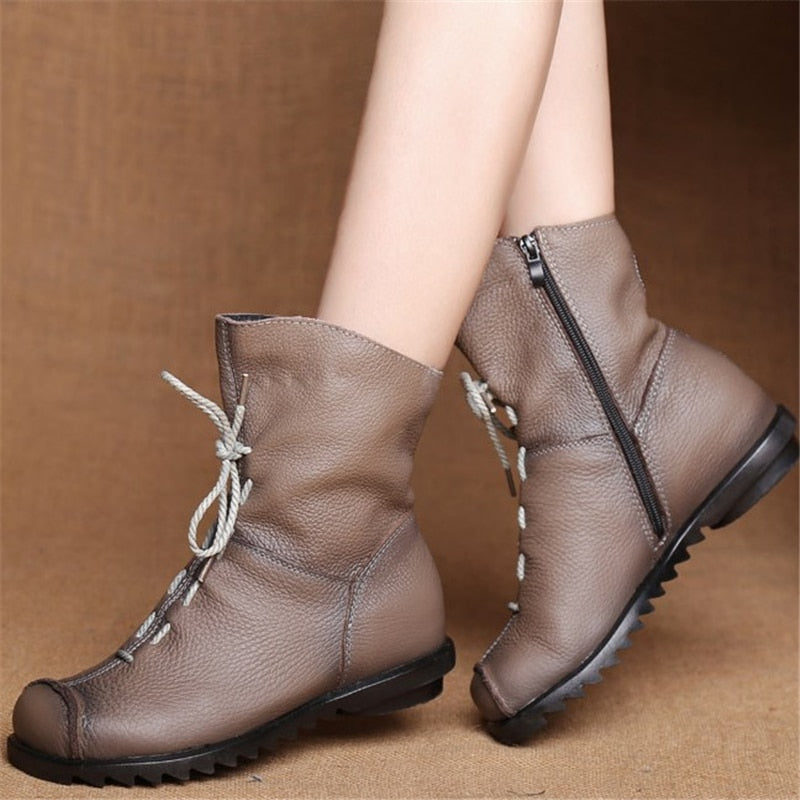 JIANBUDAN/ Genuine Leather Plush women's short Boots Retro Casual Autumn Winter Women's Boots Waterproof leather warm Snow boots - Amazhona 