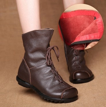 JIANBUDAN/ Genuine Leather Plush women's short Boots Retro Casual Autumn Winter Women's Boots Waterproof leather warm Snow boots - Amazhona 