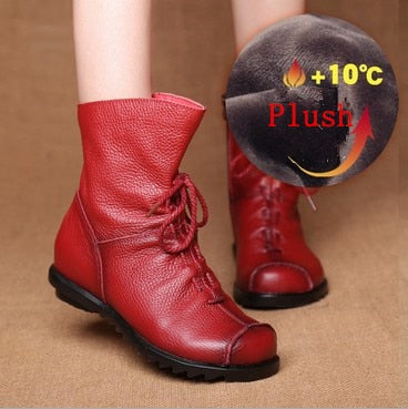 JIANBUDAN/ Genuine Leather Plush women's short Boots Retro Casual Autumn Winter Women's Boots Waterproof leather warm Snow boots - Amazhona 