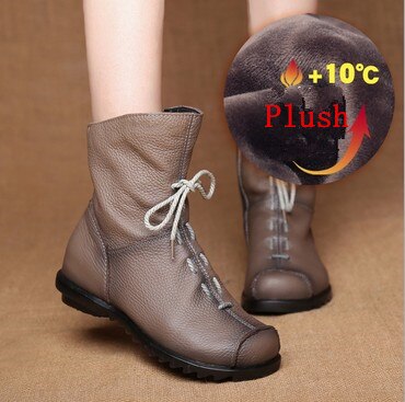 JIANBUDAN/ Genuine Leather Plush women's short Boots Retro Casual Autumn Winter Women's Boots Waterproof leather warm Snow boots - Amazhona 