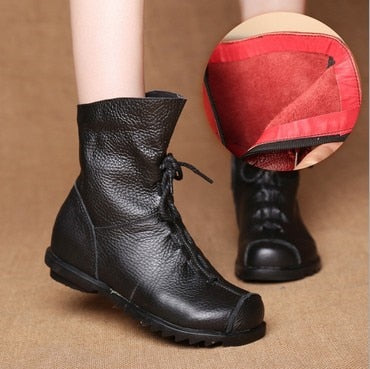 JIANBUDAN/ Genuine Leather Plush women's short Boots Retro Casual Autumn Winter Women's Boots Waterproof leather warm Snow boots - Amazhona 