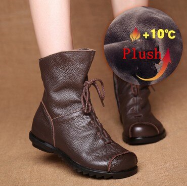 JIANBUDAN/ Genuine Leather Plush women's short Boots Retro Casual Autumn Winter Women's Boots Waterproof leather warm Snow boots - Amazhona 