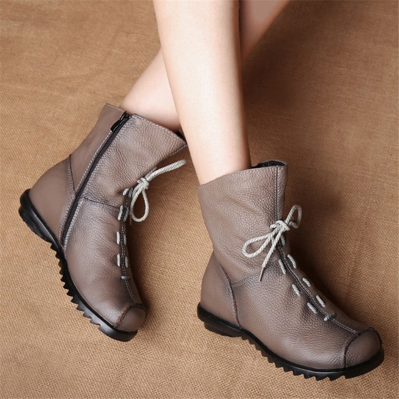 JIANBUDAN/ Genuine Leather Plush women's short Boots Retro Casual Autumn Winter Women's Boots Waterproof leather warm Snow boots - Amazhona 